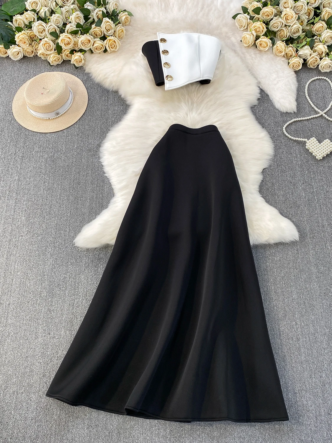 طقم مكون من قطعتين متوسط الطول للسيدات من Ele مع حمالة تخسيس معدنية باللون الأزرق Dr للخريف والشتاء عالي الخصر #3