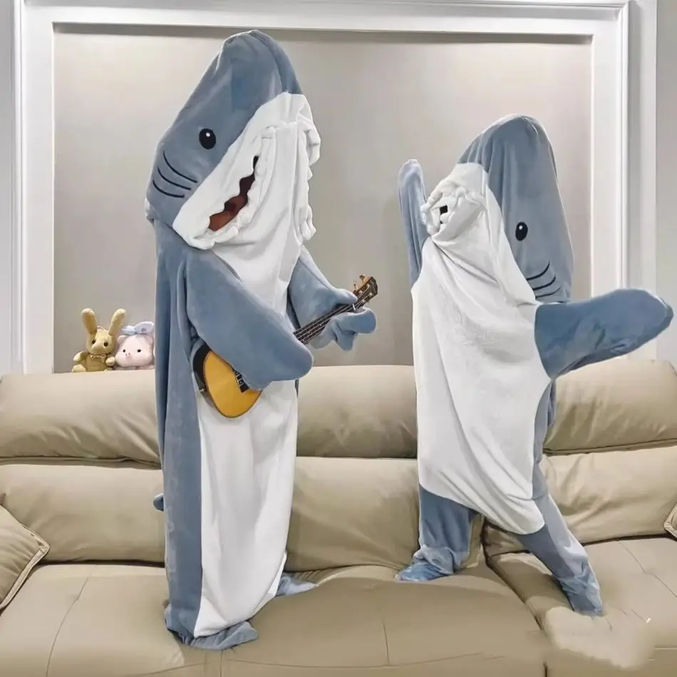 Large Size Thickened Warm Flannel WinterPajamasSharkBlanket Adult Funny Homewear Shark Onesie Sleeping Bag For Children Adult  ﻿