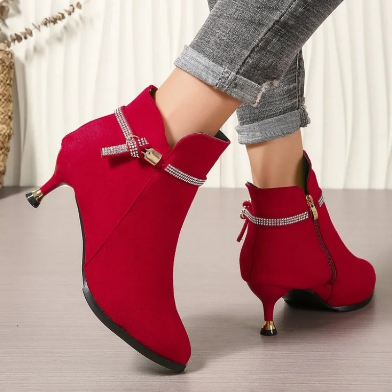 Damen High Heels Schuhe Elegante Wildleder Spitzpumps Stilettos Elegante Kurze Stiefel Mode Luxus Kristall für Frauen Herbst – Detail 5