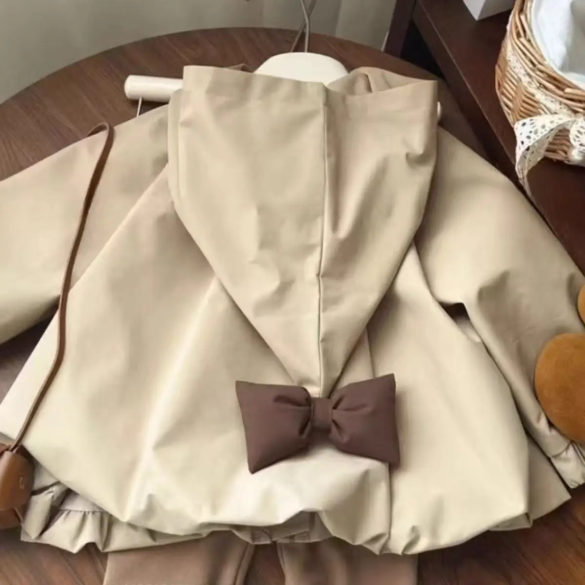 Girl's Coat 2025 Spring and Fall New Tops Female Treasure Cute Sweet Bow Hooded Korean Version Of The Foreign Windbreaker