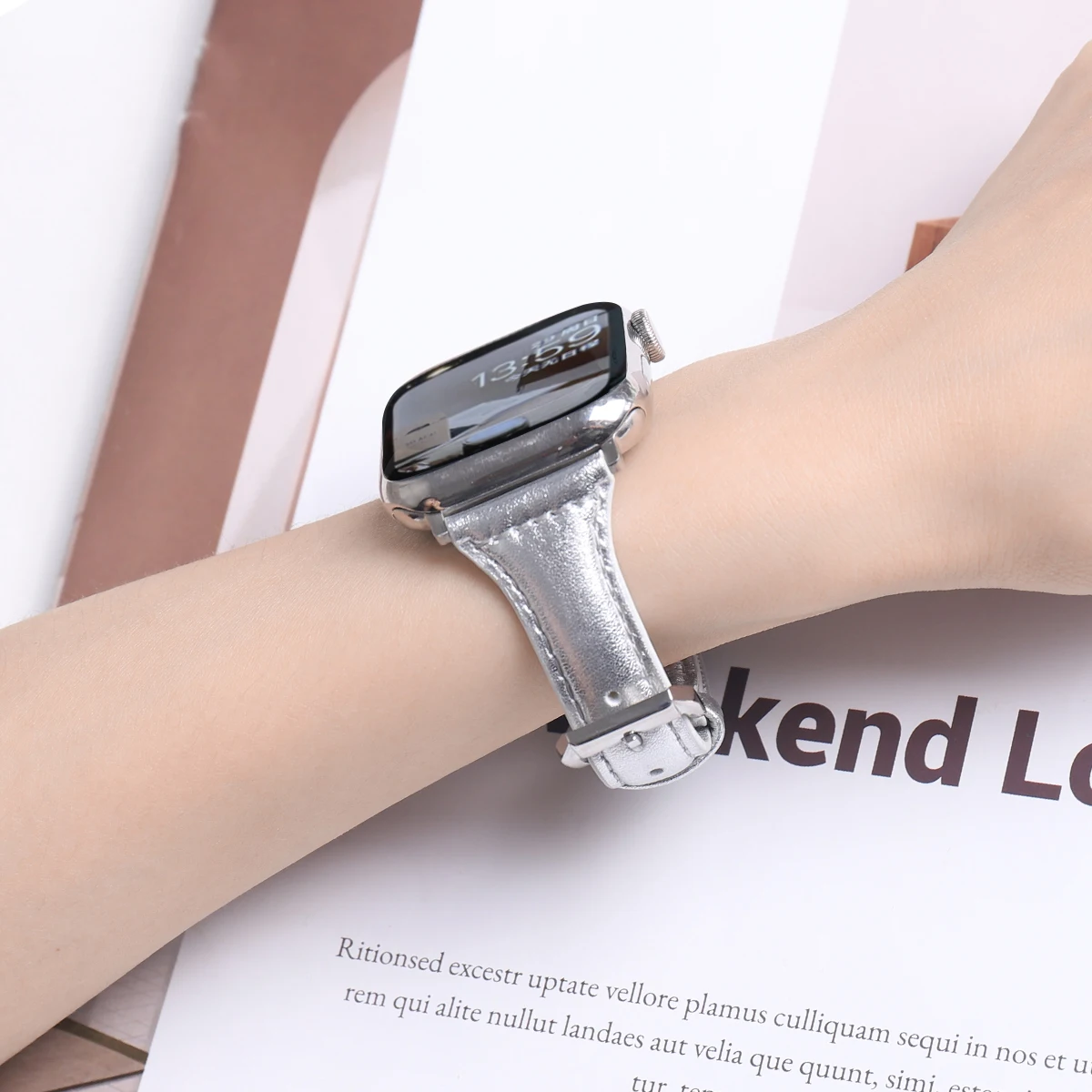 Slim Leather strap for Apple Watch Band 49mm 45mm 41mm 44mm 40mm Silver bracelet for iWatch ultra Series 9 8 7 6 SE 5 4 3 2 1