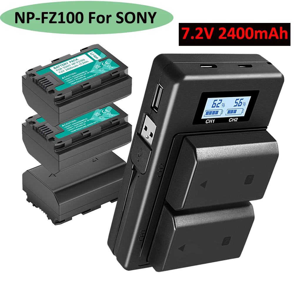 Аккумулятор NP-FZ100 NP FZ100 емкостью 2400 мАч + USB-зарядное устройство с ЖК-дисплеем NPFZ100 для камер Sony Alpha FX30 A9 II A7R III A7R IV/V A7S III A6600 FX3 Аккумулятор NP-FZ100 NP FZ100 емкостью 2400 мАч + USB-зарядное устройство с ЖК-дисплеем NPFZ100 для камер Sony Alpha FX30 A9 II A7R III A7R IV/V A7S III A6600 FX3
