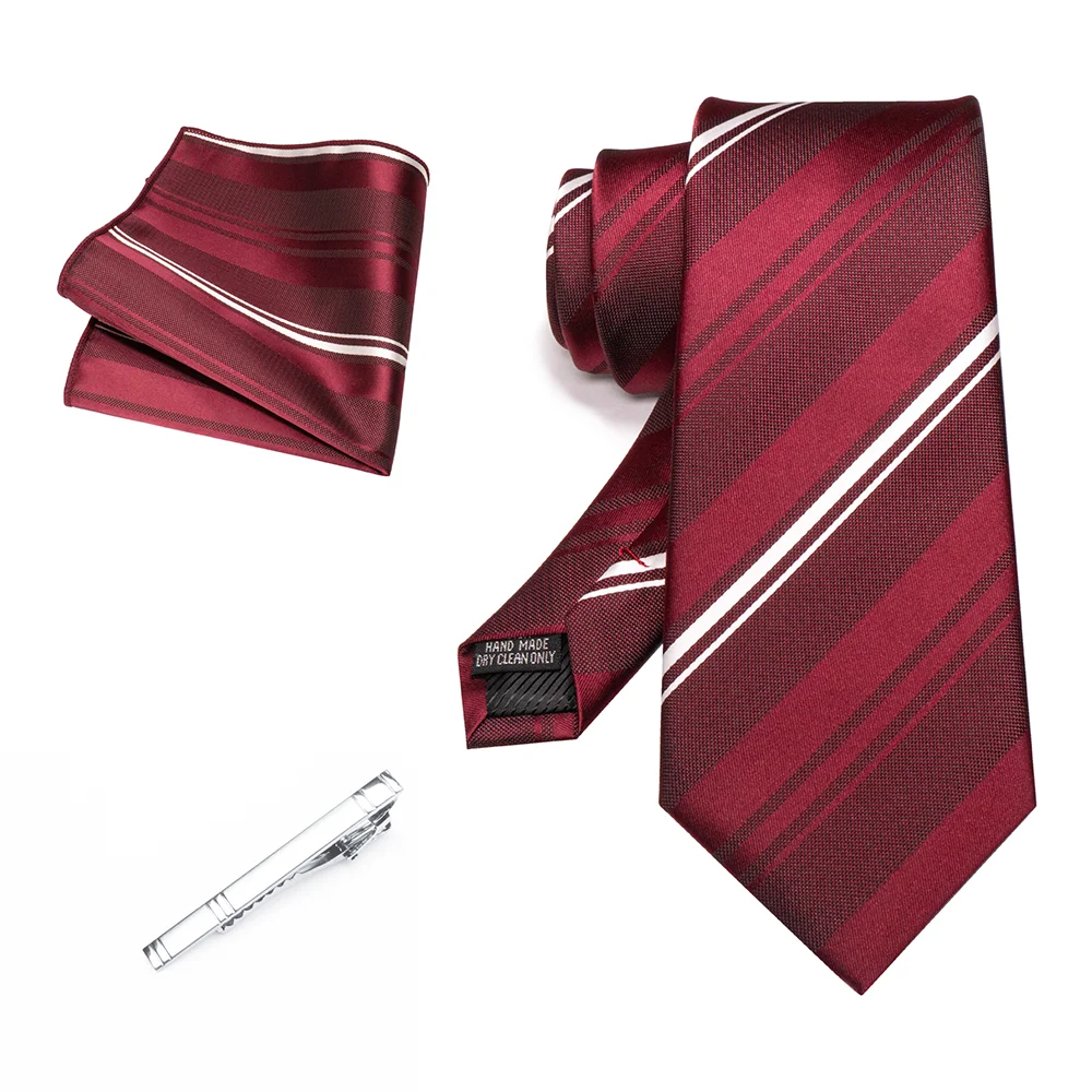 Herren Marineblau Krawatte Rot-Grün Gestreiftes Krawattenset Glänzender Clip Hochwertiges Einstecktuch für Business-Anzüge Anlässe Hochzeit Party – Detail 26