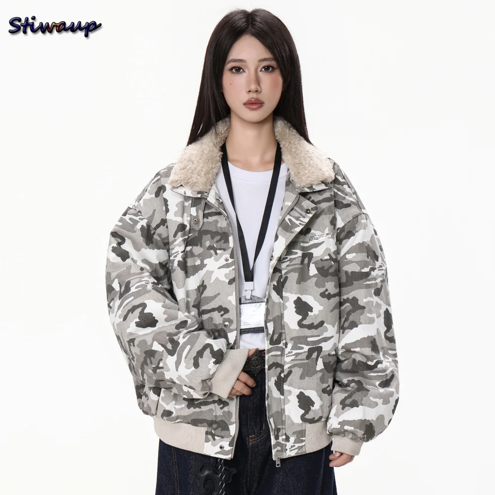 

Winter Woman Hot Clothes Sale Plush Collar Lightweight Padded Brand Luxury Down Jackets Gray Camouflage Women's Winter Parka