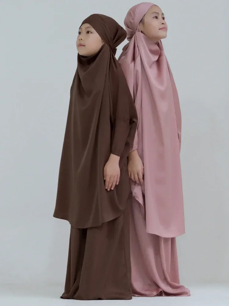 2Pcs Kids Abaya Girls Muslim Set Overhead Islamic Ramadan Children Prayer Clothes Khimar Hijab Dress with Skirt Niqab Suit Burka