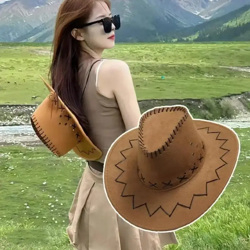 New【Women Men Cowboy Hat Western Suede Cowgirl Hats Fashion West Fancy Dress Party Headwear Unisex Cap Accessories】