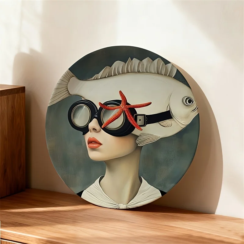 1 unidade Prato Decorativo, Mulher com Adereço de Peixe, Prato Decorativo de Cerâmica Surreal Fantasia, Apenas para Uso Decorativo, Não para Consumo