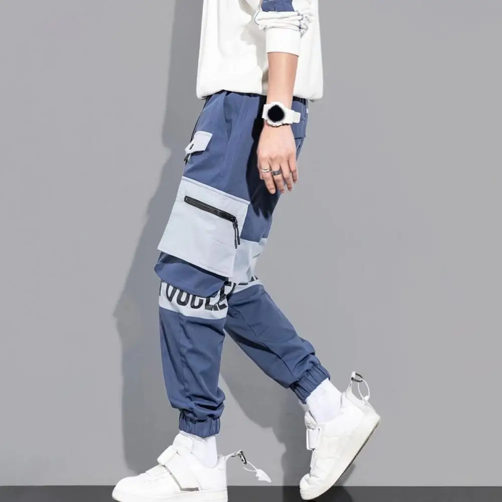 Contrasting Color Men Pants Men's Cargo Pants with Drawstring Waist Multiple Pockets Letter Print Design Elastic for Streetwear