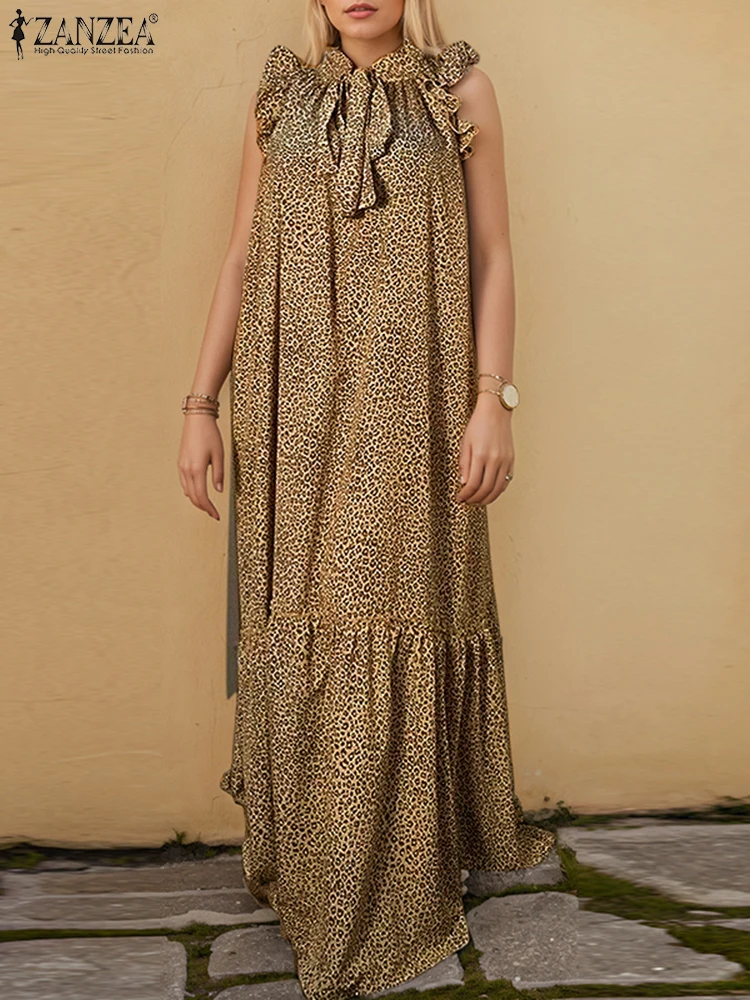 ZANZEA-Vestido largo con estampado de leopardo para mujer, vestido sin mangas para fiesta, sin mangas, con cordones, cuello en V, vestido veraniego informal holgado