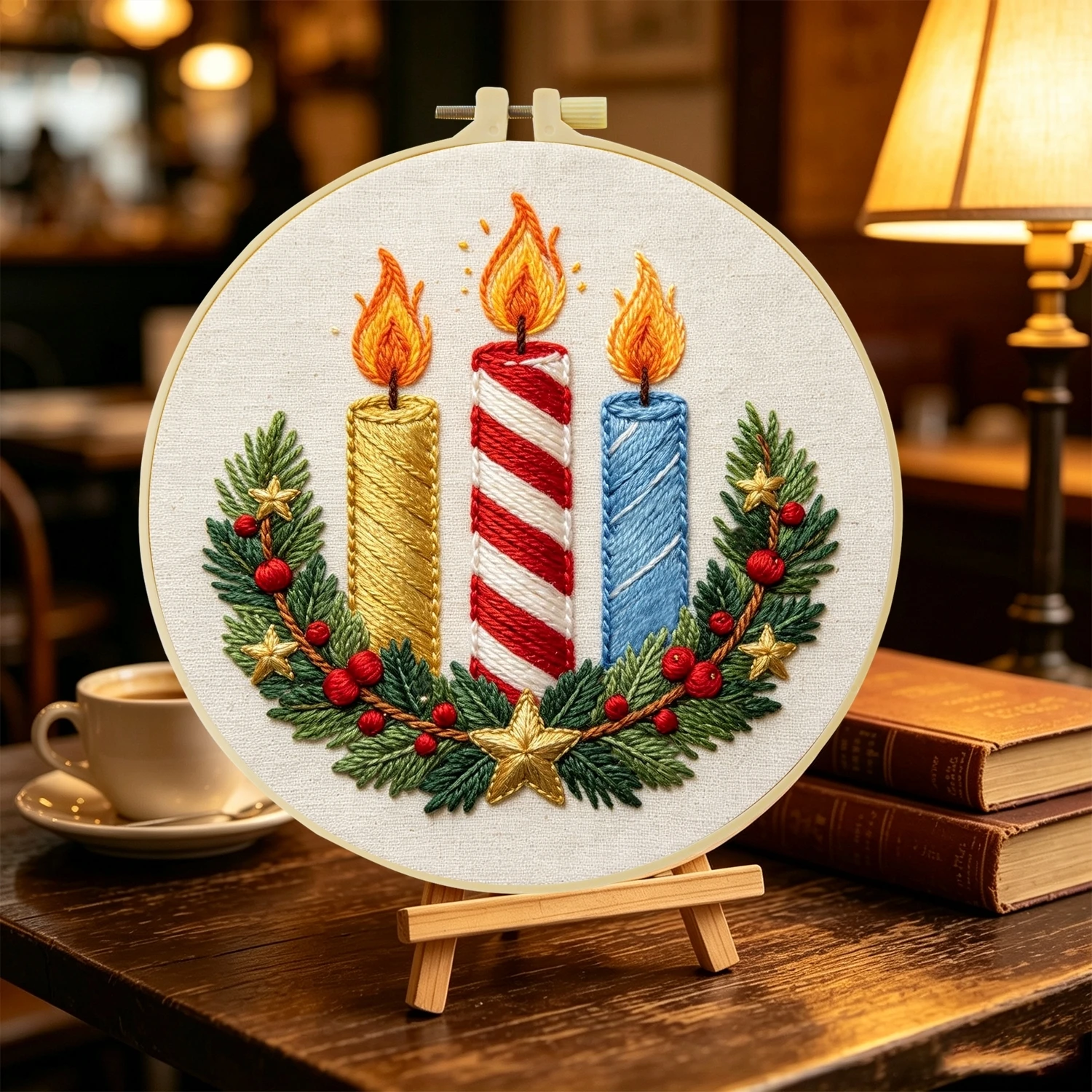 1 Set Weihnachtskerzen DIY-Stickerei-Set für Anfänger, Stickerei-Starter-Kit, Kreuzstich-Kunstgeschenk, Handarbeits-Bastelset – Detail 4