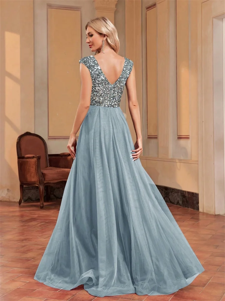 Luxe V-hals Chiffon Blauwe Avondjurken Lange Elegante Pailletten Mouwloze Bruiloft Galajurk Prom Cocktailjurken