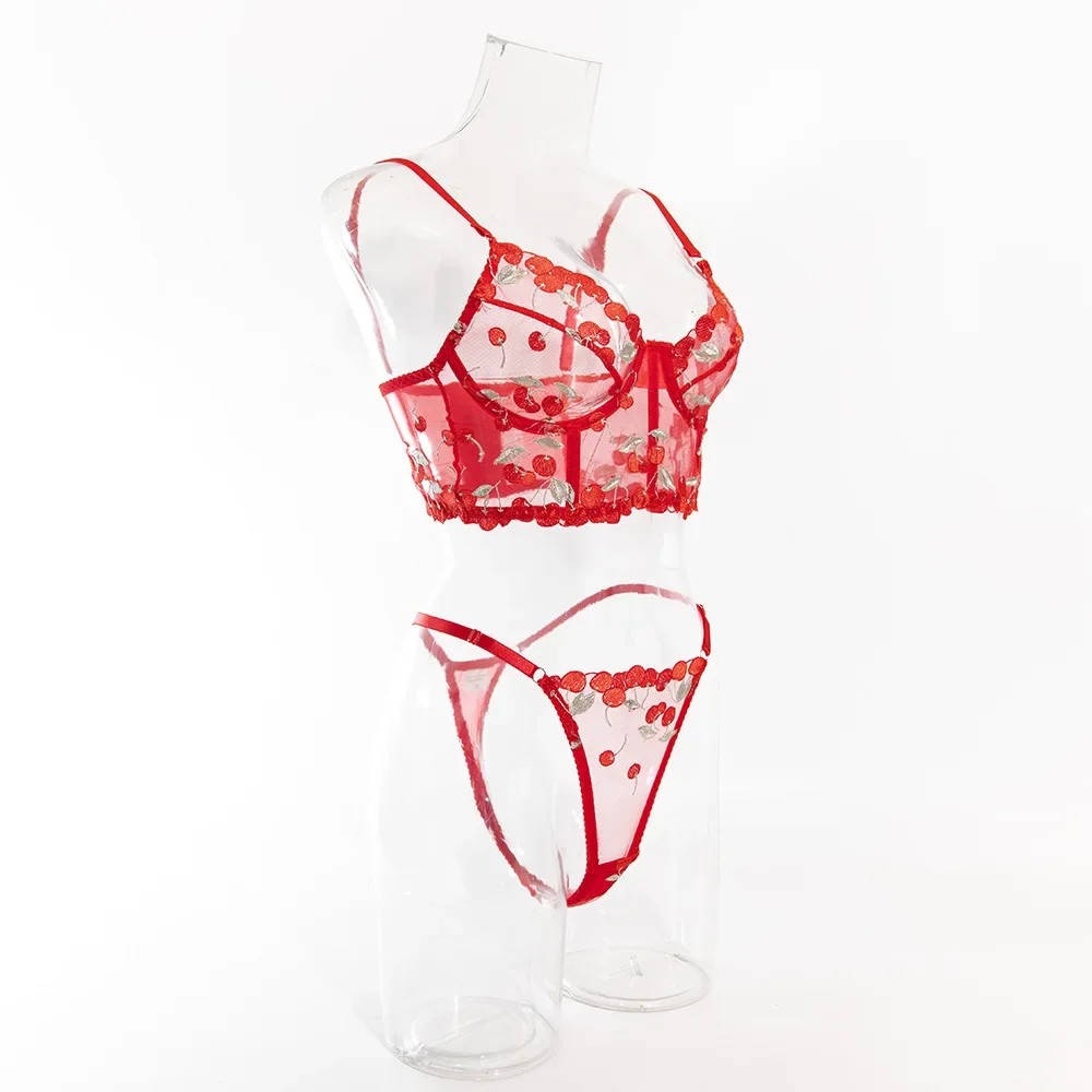 

Women's Sexy Bra Set Mesh Transparent Red Cherry Embroidery Fishbone Bra Set Push Up Bra Sexy Women Underwear