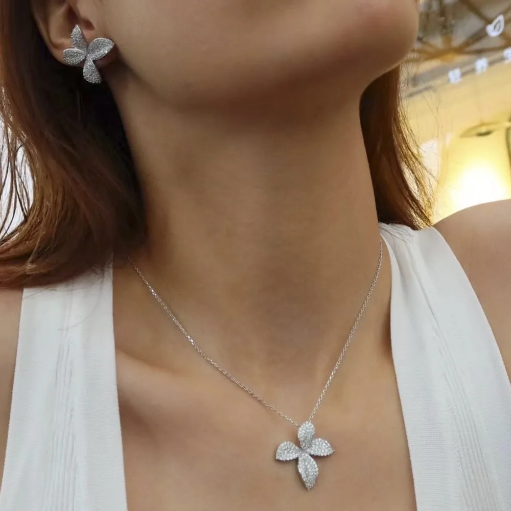 Luxury Micro Pave Setting Cubic Zirconia Leaf Shaped Necklace Earrings  Dubai Jewelry Set For Dinner Party D1214