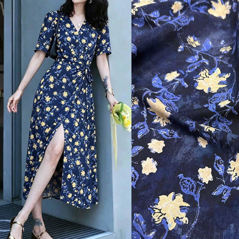 Yellow Floral Printed Stretch Blue Silk Crepe de Chine Fabric for DIY Sewing Summer Dress Skirt Pajamas Soft Silk Fabric FR6990