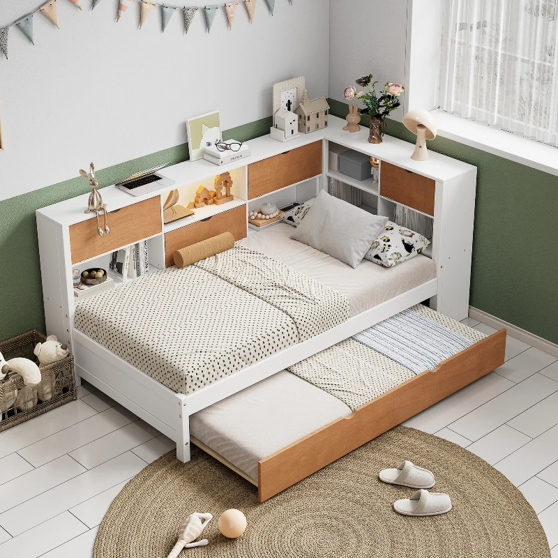 Wooden captain bed sofa bed with casters and bookcase, bunk bed, suitable for bedroom study