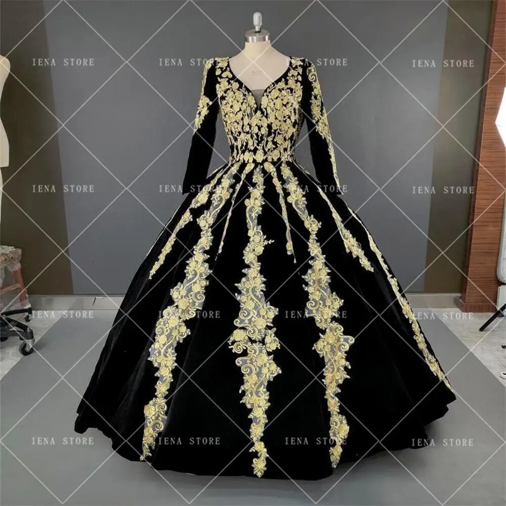 custom 14445#Black Velvet Formal Evening Dresses Plus Size V-neck Half Sleeve Sparkly Gold Applique Caftan Arabic Prom Gown