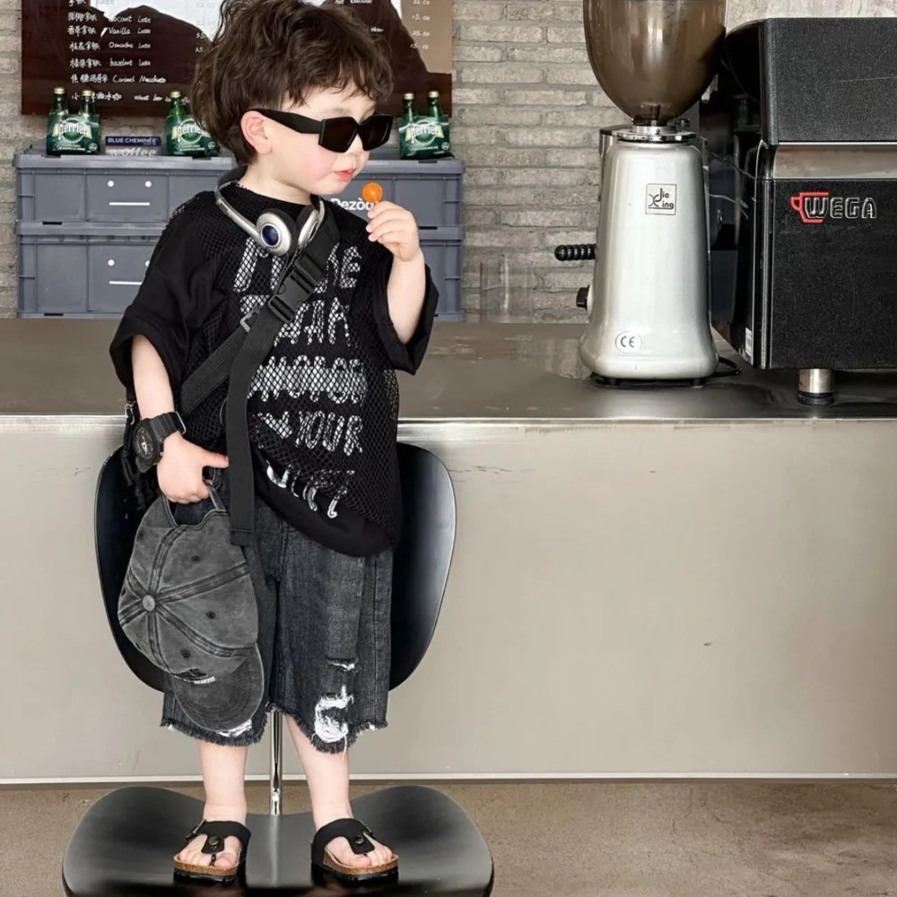 Boys' Sets Tops Denim Shorts Two-piece Suits Children's Clothing Summer Letter Hole Korean Handsome Fashion Street Jeans Suits