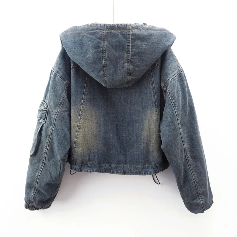 Winter Women Hooded Down Cotton Liner Denim Jacket Casual Cowboy Outerwear Loose Short Big Pocket Zipper Jeans Jackets Female