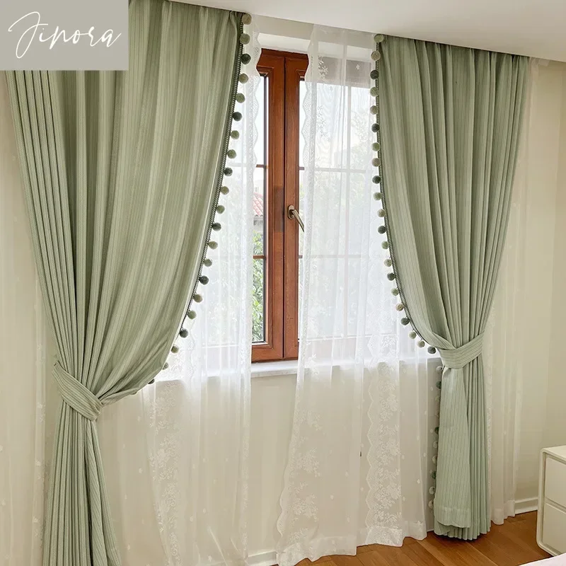 Wheat Grain Milk Green Curtain Hair Ball Lace Solid Color Children's Room Girls and Boys Curtains for Living Dining Room Bedroom