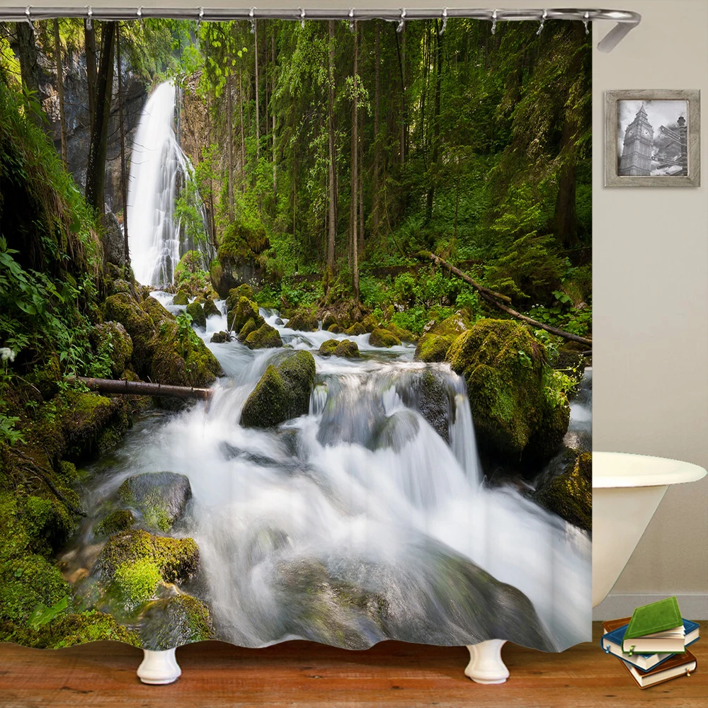 3D Natural Landscape waterfall Forest Printed Bathroom Shower Curtain Polyester Waterproof Curtain with Hook Home Decor Curtain