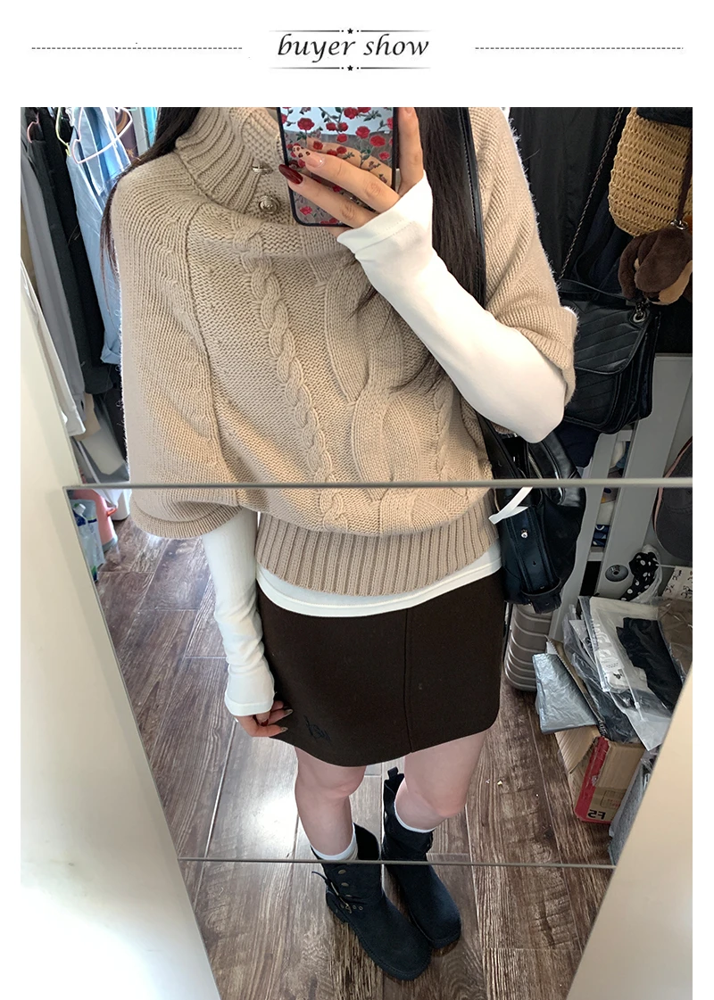 Karrram Japanischer Y2k Khaki Cape Pullover Vintage Harajuku Strick Lose Pullover Koreanischer Stil Rollkragenpullover Strickwaren 2000er Jahre Ästhetik – Detail 1