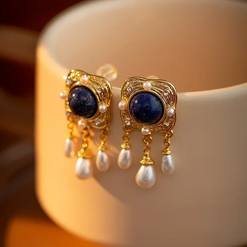 Elegance Lapis Lazuli with Water Drop Pearl Tassel Drop Earrings for Woman Vintage Court Luxury Square Shape Ear Jewelry Gift