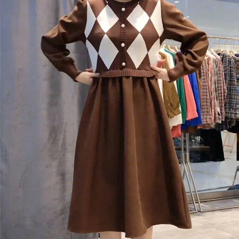 

Fake two-piece knitted dress women new Hepburn style skirt autumn and winter 2023 casual o neck long sleeve dress female tops