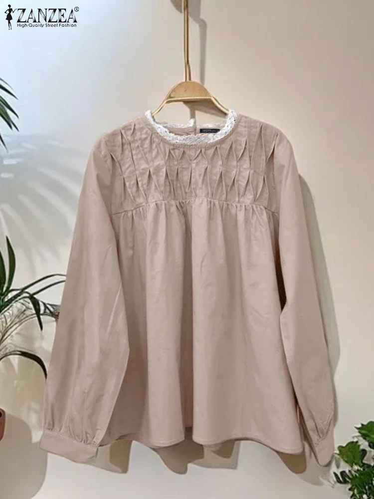 

ZANZEA Women Blouses 2025 Fashion Long Sleeve Tops Lace Patchwork Pleated Casual Shirts Elegant Solid Color Ruffled Blusas Femme