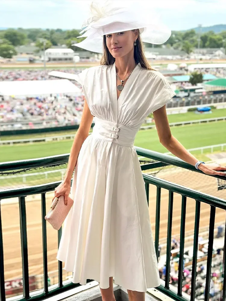 Fashion White Party Long Dress 2024 Women Elegant Pleated Waist Belt Flying Sleeve Office Robe New Lady Street Dresses