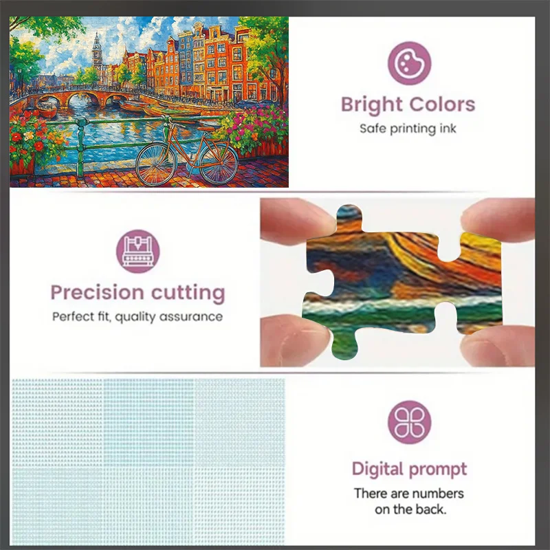 Rompecabezas de casas del canal de Amsterdam de 500/1000 piezas adecuado para adultos: rompecabezas grande y desafiante con tablero de tarjeta blanco, A