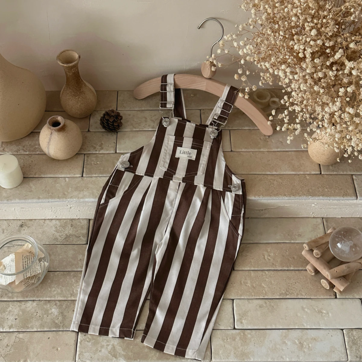 Spring Autumn Unisex Baby Coffee White Stripe Cargo Overalls, Side Snap Crotch Opening Casual Suspender Trousers For Toddlers