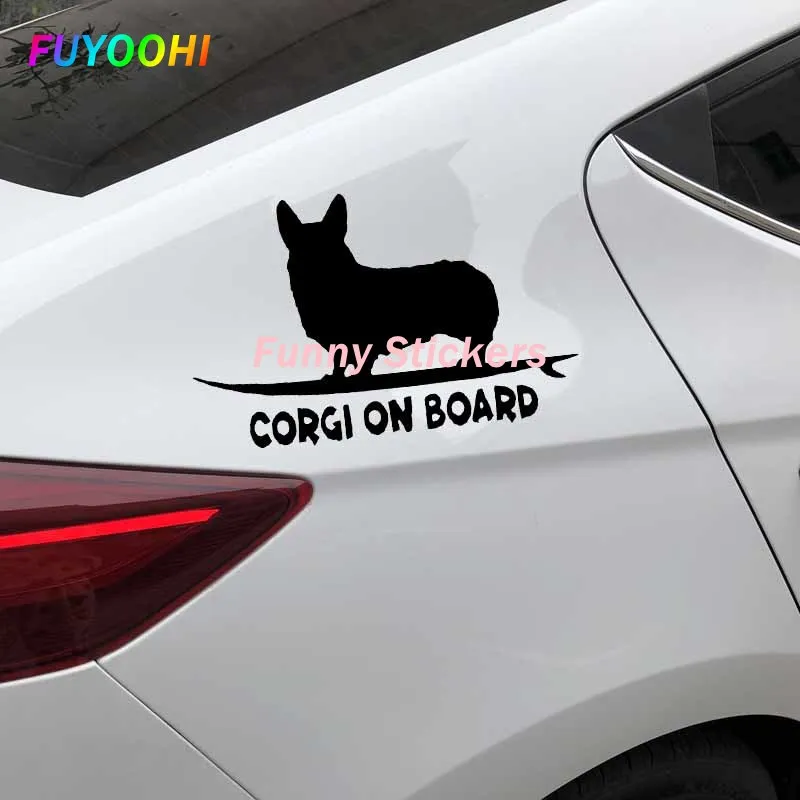 FUYOOHI Funny Stickers Exterior Accessories Corgi on Board Puppy Cute Dog Vinyl Decal Car Sticker Window Decor PVC Black/white