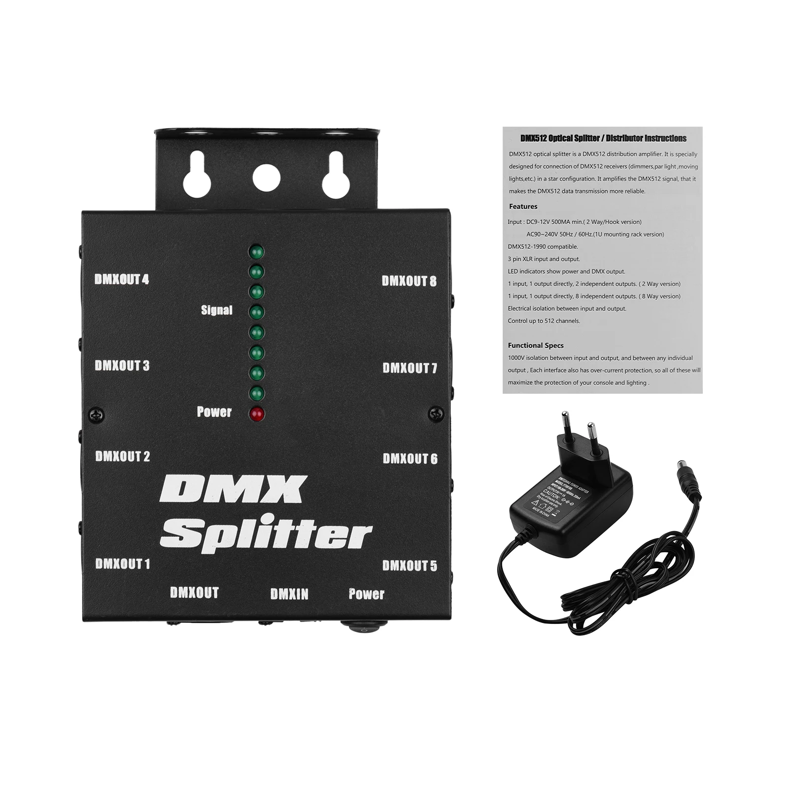 DMX512 Optical Signal Amplifier Spliter Distributor 1 Direct Input & Output 8 Independent Outputs for Light Controller Stage