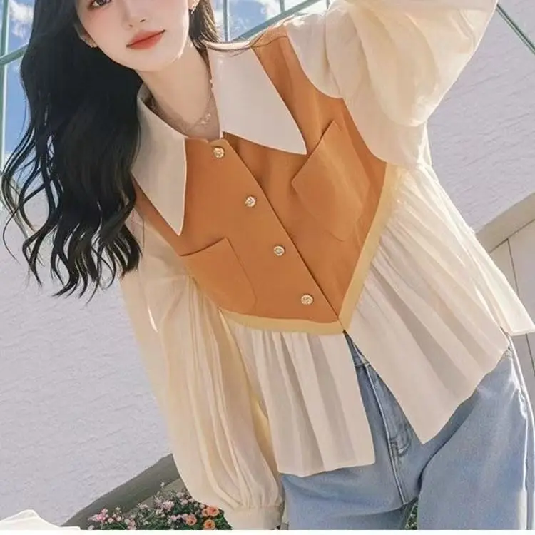 

Color-blocking Niche Patchwork Blouse for Women, 2025 Spring New Model Sweet Slimming Fashionable Top