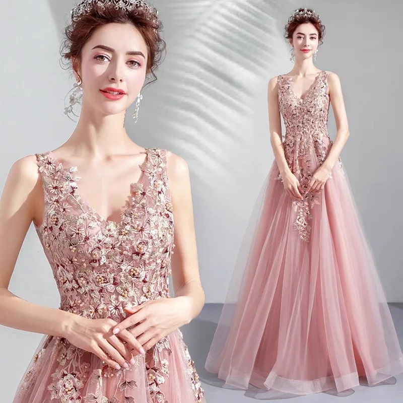 2025年新作 ピンク Vネック エレガント ウェディング 卒業パーティー ドレス