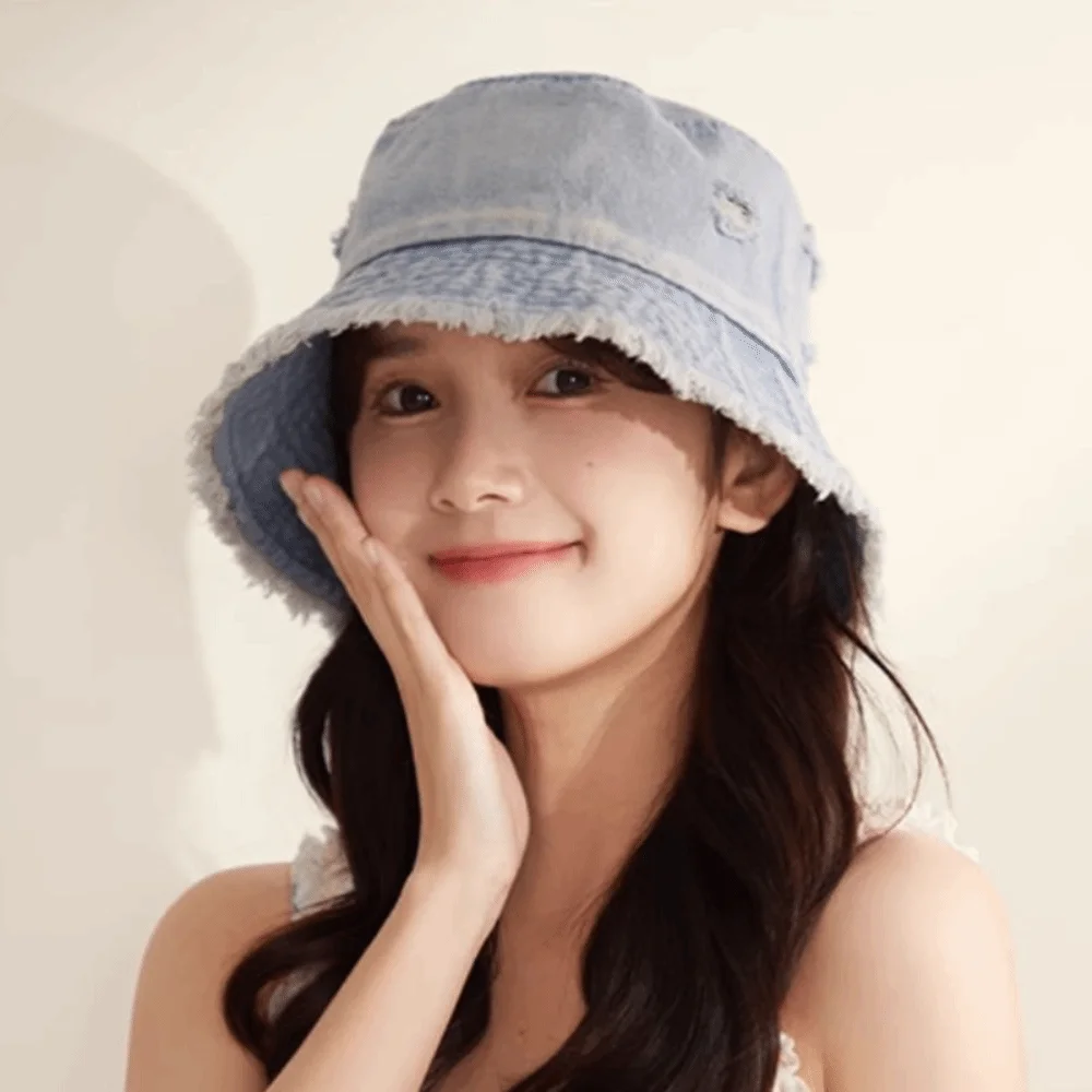 

Personalized Korean Style Denim Bucket Hat Large Brim Washed Denim Fishermen Caps Breathable Solid Color Basin Hat Climbing