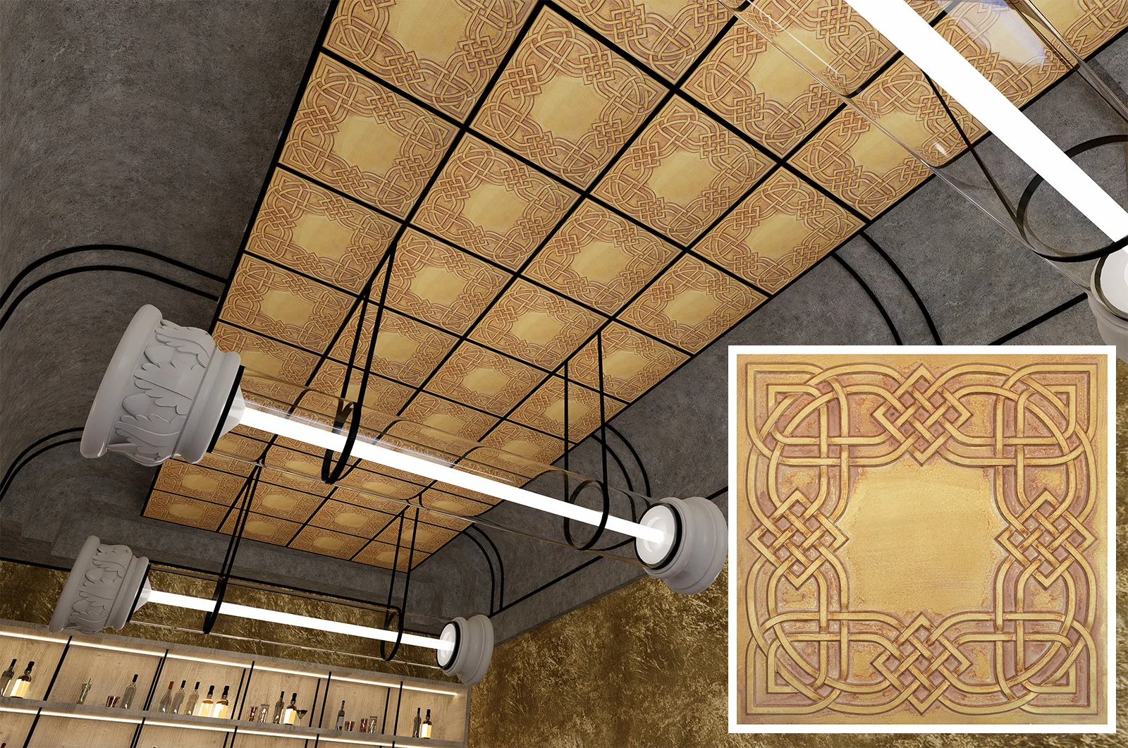 Antiqued nightclub ceiling tiles Easy to Install PVC Panels wall decor for Cafe Club 10pcs PL61 Vintage brown gold PAINTSDECOR