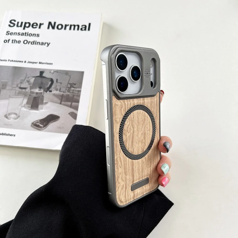 Huyangmu phone case suitable for Apple 17 16 15 14 13 12 Pro Max metal paint wood grain magnetic suction 1 leather phone case