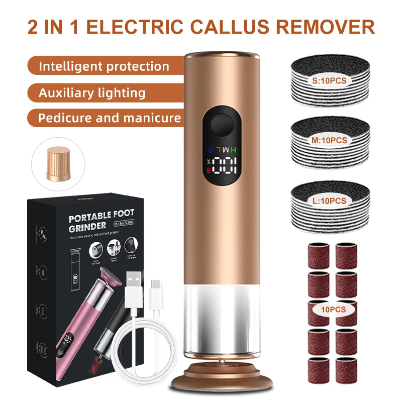 Gold 2-in-1 Electric Foot Callus Remover with Aluminum Tool And 30pcs Sandpaper Discs for Efficient And Effective Foot Care