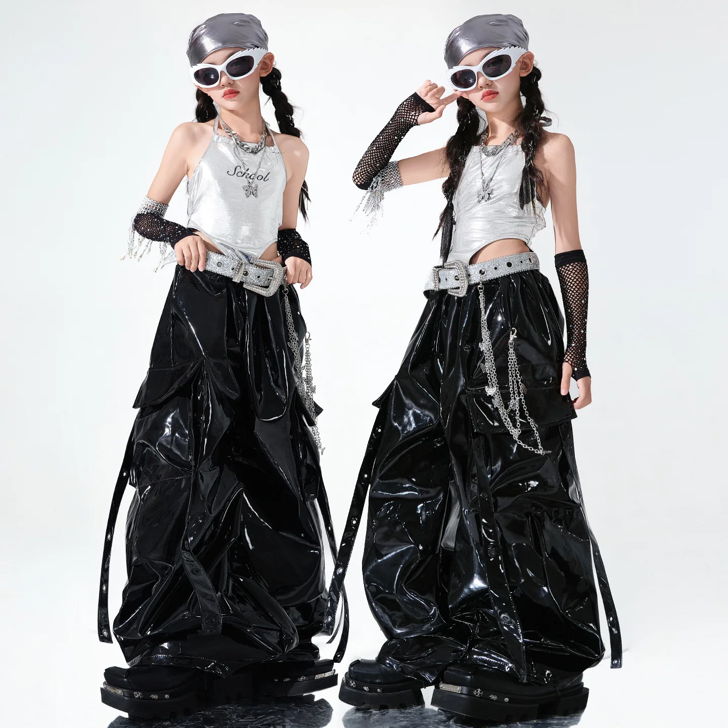 Girl Hip Hop Leather Motorcycle Vest Cargo Pants Girls Waistcoat Street Dance Joggers Kids Sleeveless Jacket Child Punk Costume