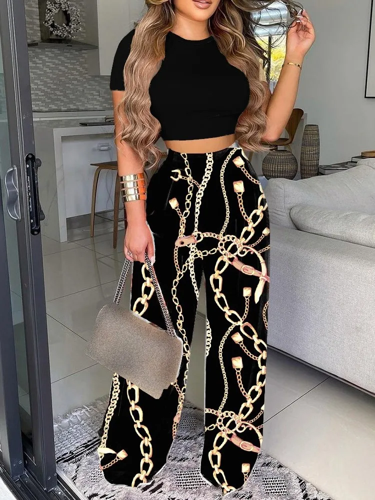 2 Piece Sets Women Tight Short Sleeves Cropped TopsHigh Waist Wide Leg Pants Printed Casual Fashion Ladie Set 2024 Summer MsChuh