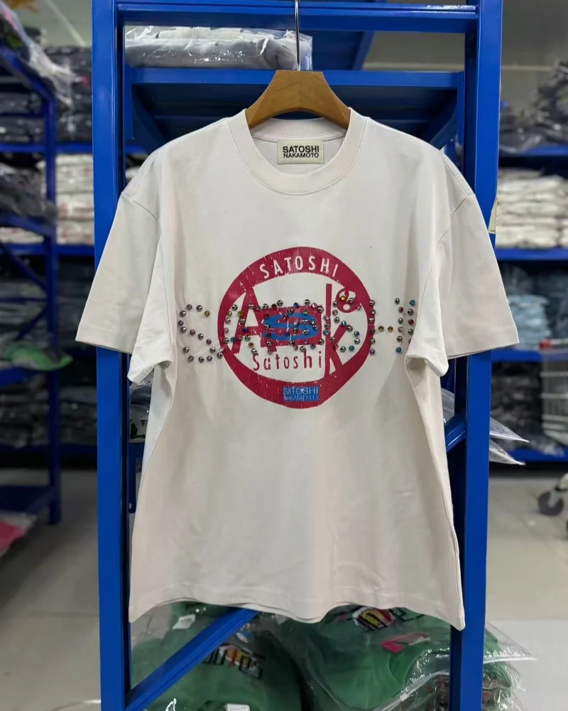Satoshi Nakamoto White Black Multicolored Beads Letter Crack Print Loose-Fit Washed Vintage Short-Sleeve T-Shirt Summer