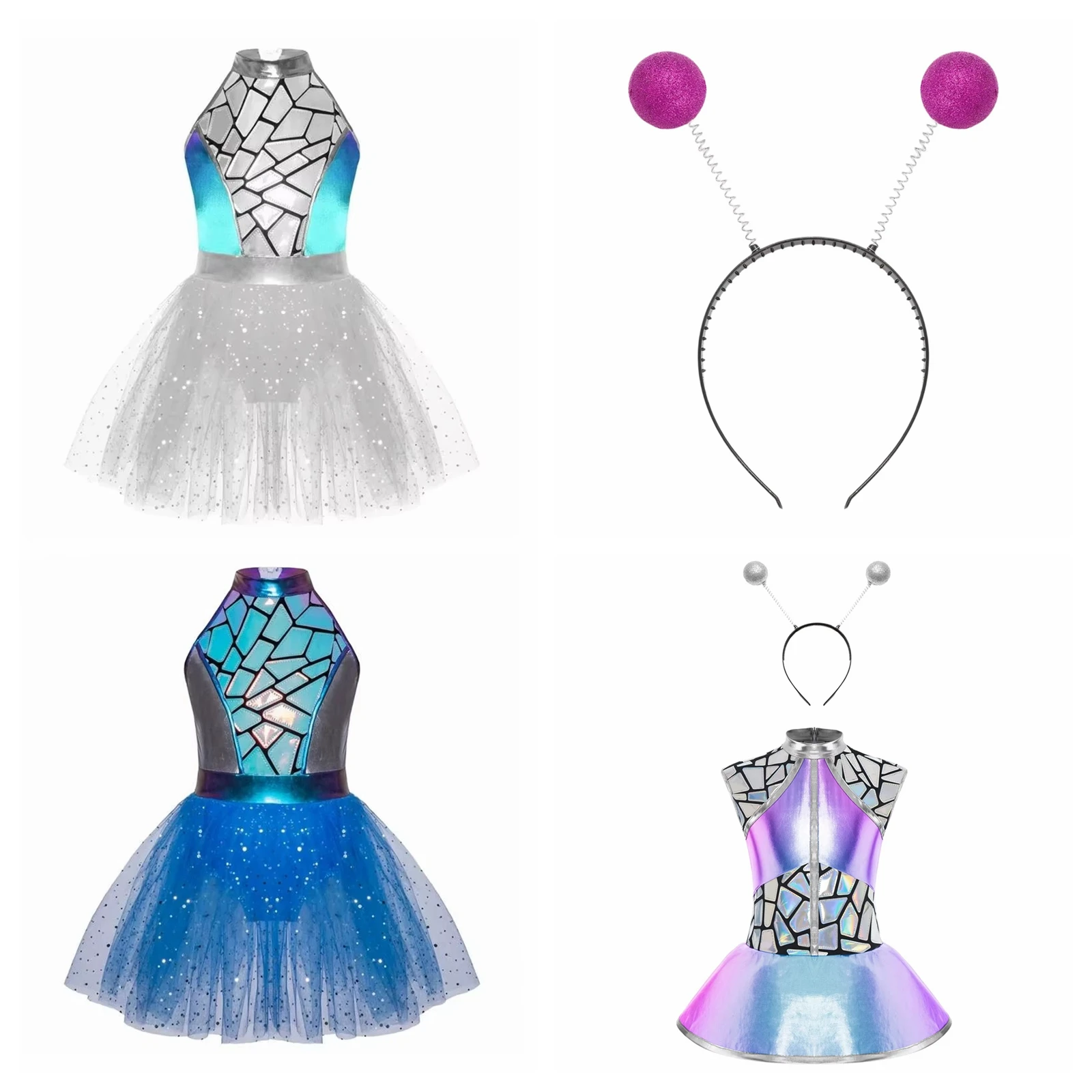 

Halloween Kids Girls Astronaut Shiny Metallic Alien Costumes Childs Outer Space Glitter Fancy Dress Children Theme PartyOutfits