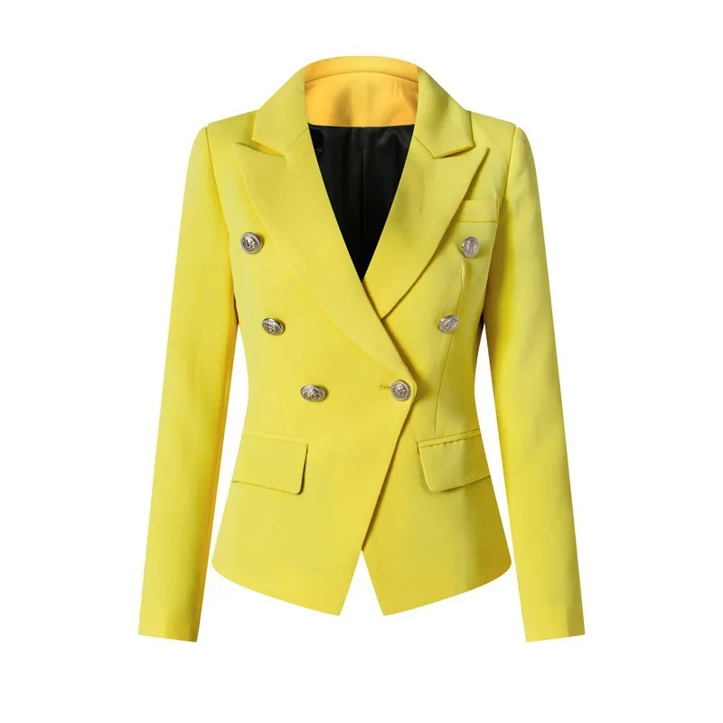 Women's Yellow Double-Breasted Blazer, Silver Button Slim Fit British Style Office Commuter Jacket