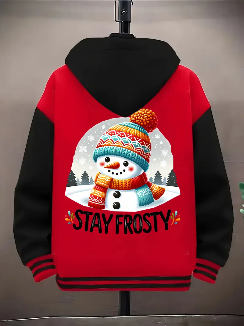 Giacca da baseball con cappuccio rossa con motivo stampato pupazzo di neve per bambini casual e alla moda autunno e inverno