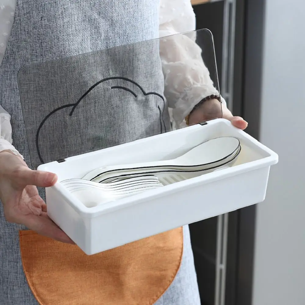 

New Utensils Drawer Chopstick Box Plastic with Cover Cutlery Storage Box with Drain Tray Cutlery Drawer Organizer Home Kitchen