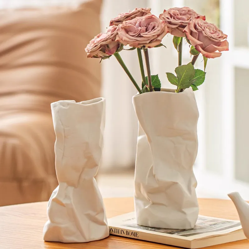 9.18 Inch White Ceramic Flower Vase Unique Crinkle Design, Paper Bag Vase for Flower, Desktop Decoration Centerpiece Vase