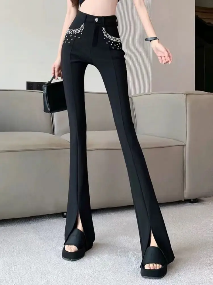 Black studded beaded heavy industry micro-pants women's 2024 early autumn high waist elastic slim split casual pants  jeans