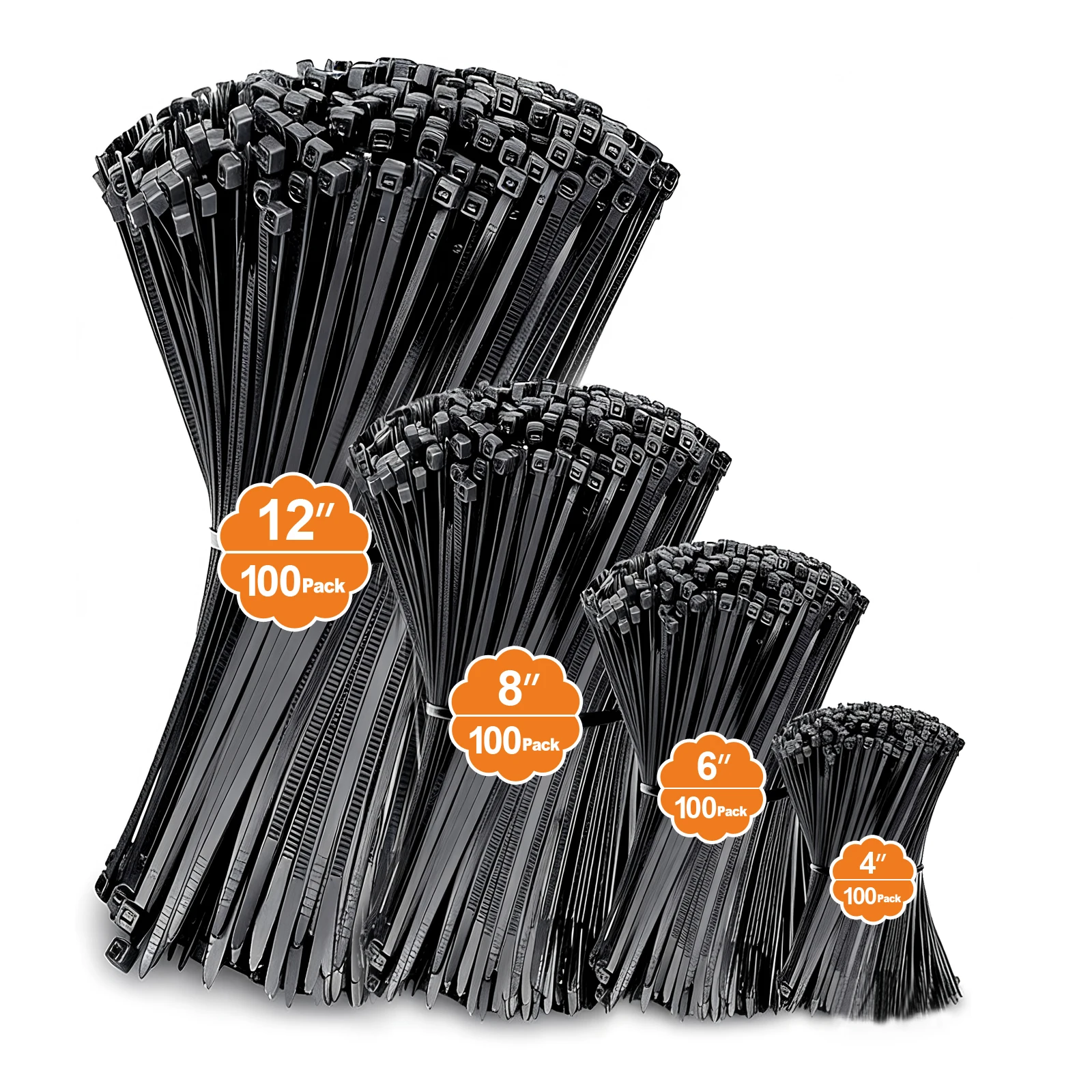 Zip Ties Assorted Sizes(4”+6”+8”+12”), 400 Pack,UV Resistant Tape, Indoor & Outdoor Use, Heavy Duty Adhesive