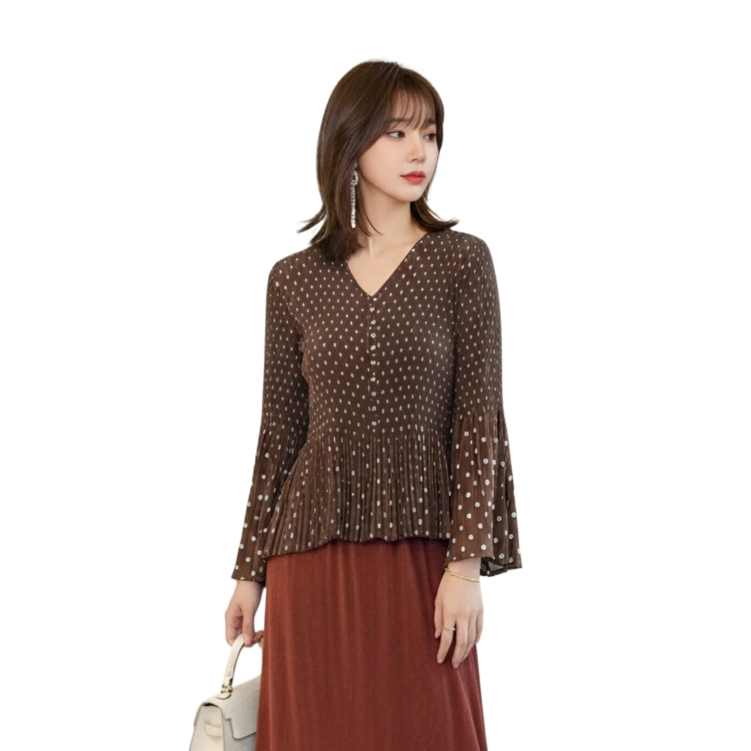 Miyake Pleated Fashionable Temperament Women's Polka Dot Autumn Clothing New Wide Wife V-neck Mother's Loose Shirt
